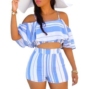 Women's Striped Two-Piece Shorts Set (Light Blue/White, Size Small) Never worn!